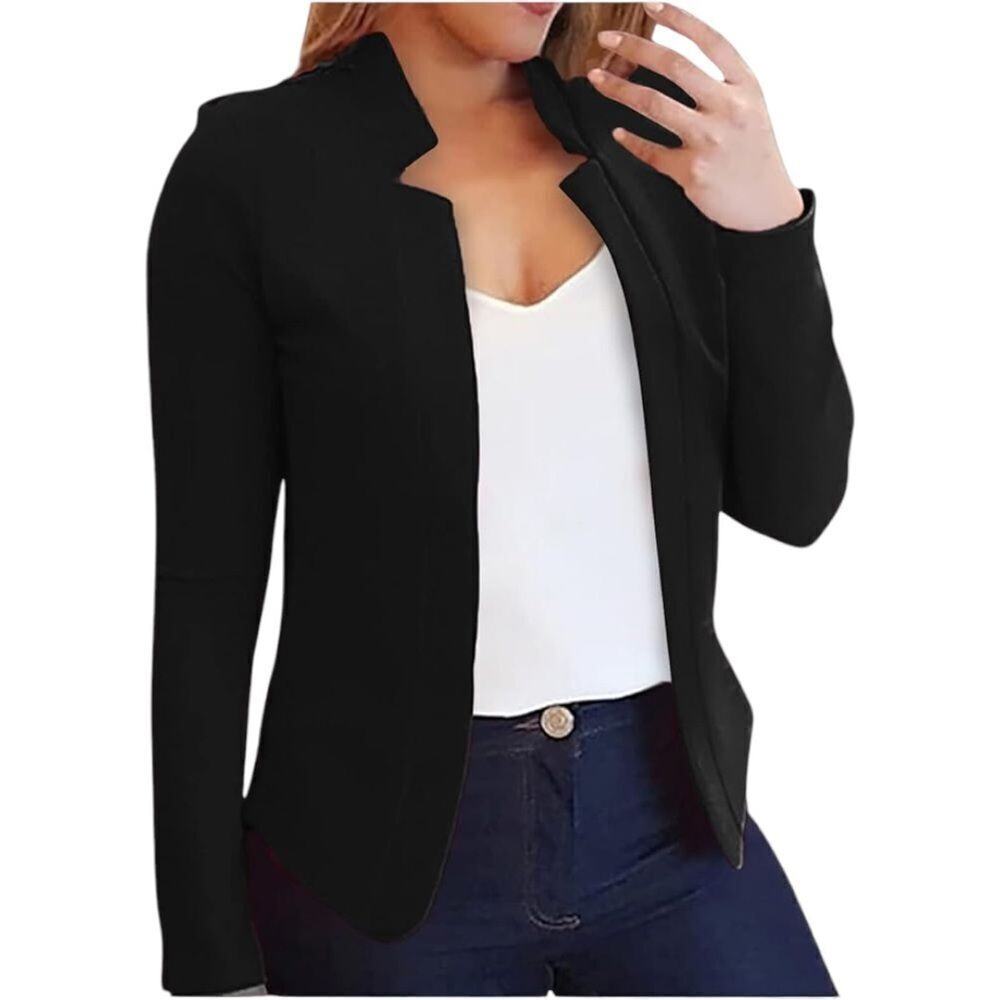 Black Patchwork Placket Open Front Blazer